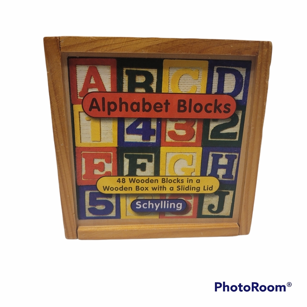 48 Wooden Schylling Alphabet Blocks In A Wooden Box with Sliding Pre-owned